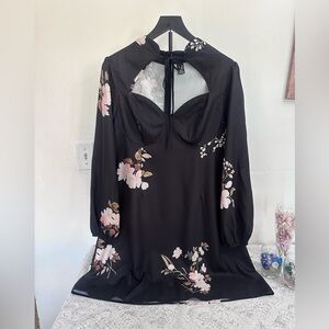 SHEIN Curve 0XL Black Floral Dress Tie Back Long Sleeve Feminine Flowy